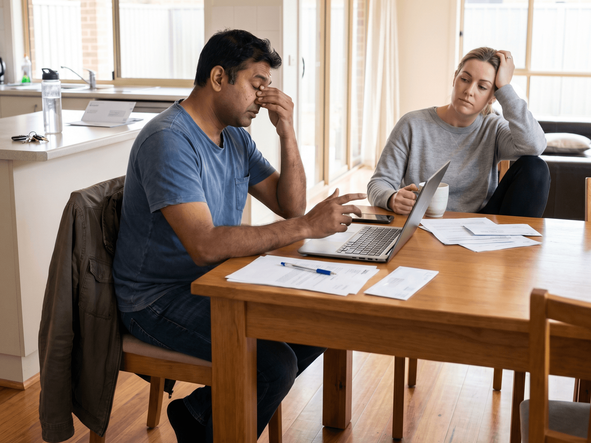 Photo of an Australian middle-aged couple at the dining table, frustrated with property research on their laptop